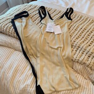 Asta Resort Naomi Split Dress. Beige and Black Sleeveless Dress. Champagne